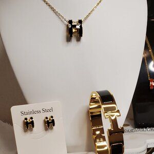 Hermes Style Clic Black Bracelet Earrings & Necklace Jewelry Set